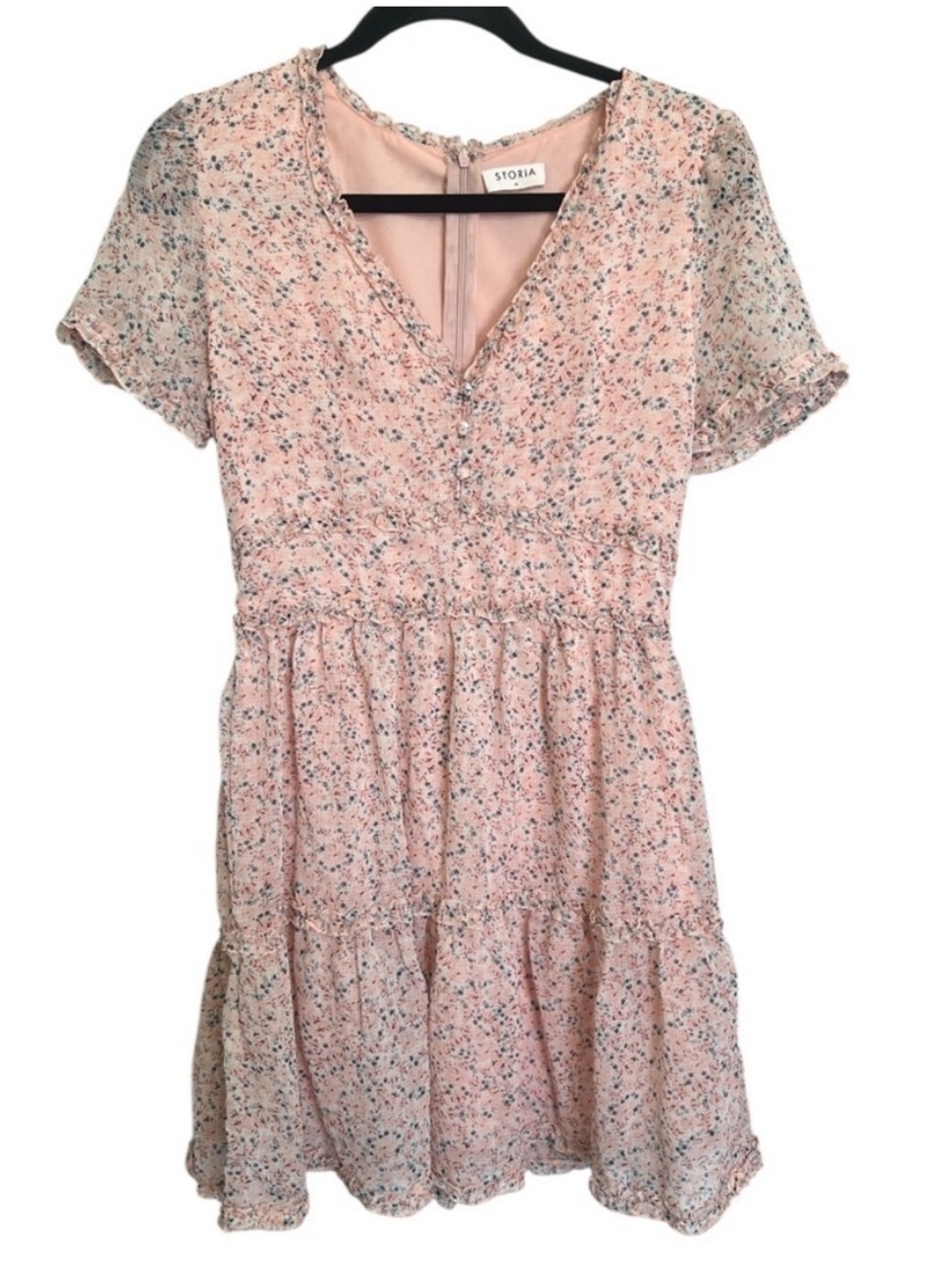 Storia Pink Ditzy Floral Tiered Mini Dress | Peasant Style | Size M
